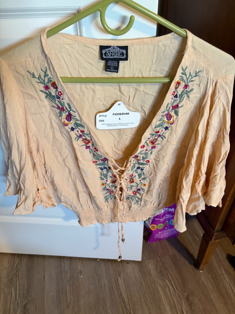 Angie Peach Embroidered Lace-Up Boho Blouse